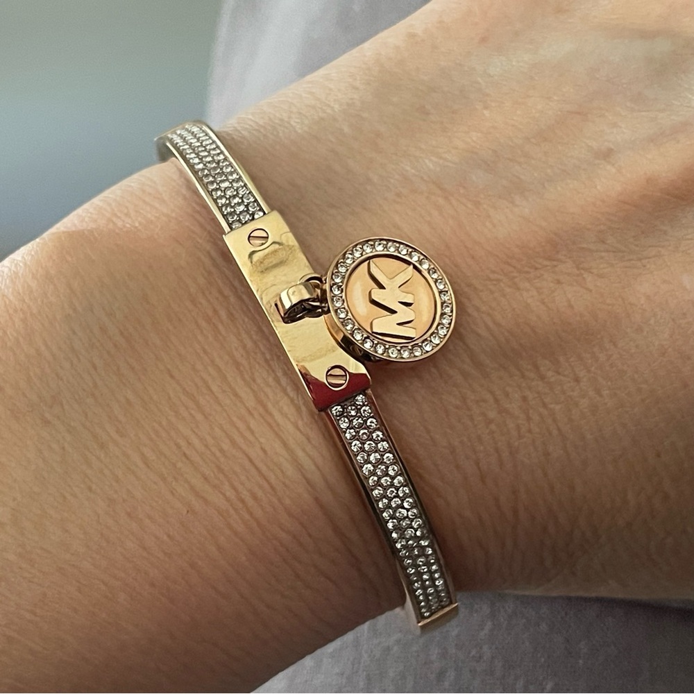 MICHAEL KORS Gold Bracelet and Earring Set MK Logo Crystals Bangle MK Charm - Picture 13 of 15